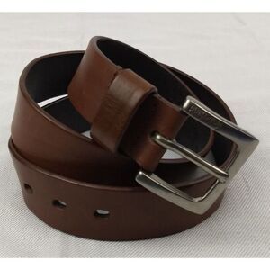 Timberland Genuine Leather Belt Brown Silver Logo‎ Buckle Classic Casual Mens 32